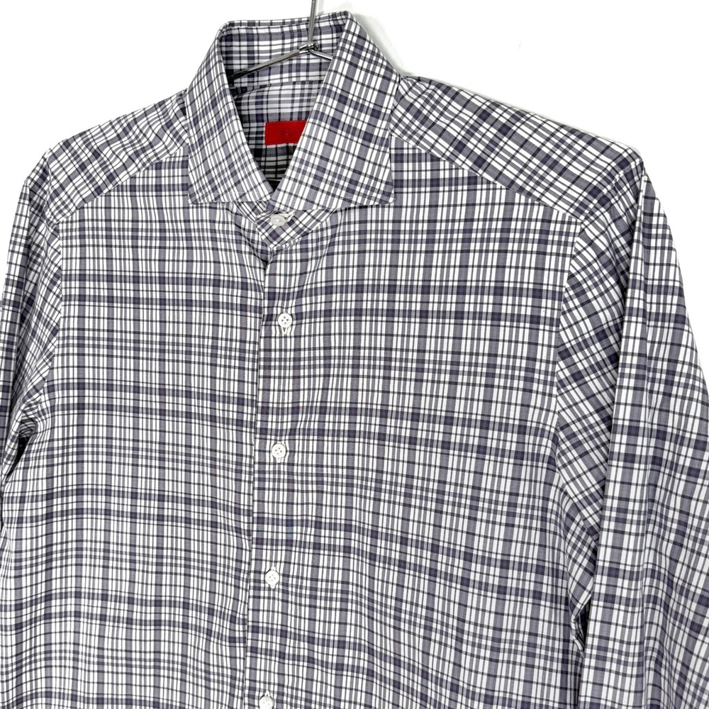 ISAIA Napoli Mens Dress Shirt 15 1/2 Check‎ Plaid Black & White Button Up - Picture 4 of 7